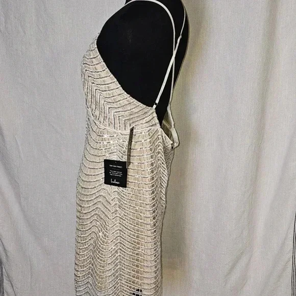 Lulus Tan and Silver Sequin CrissCross Adjustable Straps Mini‎ Dress Sz L - Picture 6 of 12